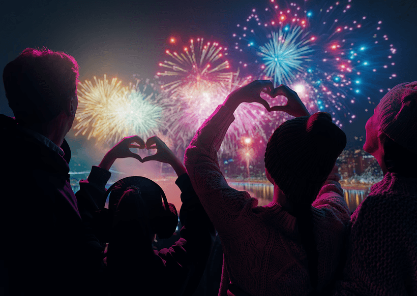 Partygoers view fireworks from a rooftop and make the hand-heart symbol in appreciation