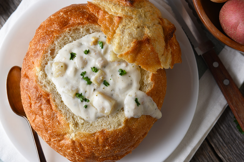 Clam chowder in a sourdough bread bowl