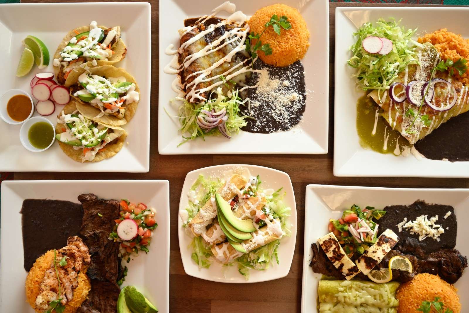 Elevated Mexican cuisine, plated on white dishes